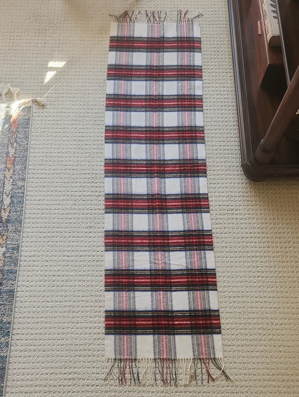 Soft Cream and Red Plaid Fringe Wool Scarf